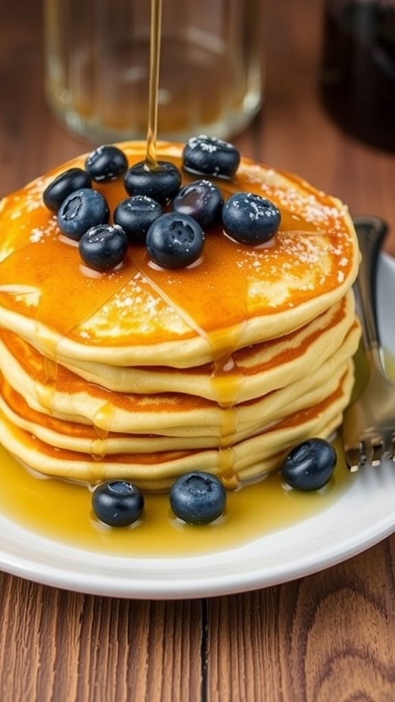 A stack of fluffy buttermilk pancakes topped with blueberries and syrup on a wooden table.